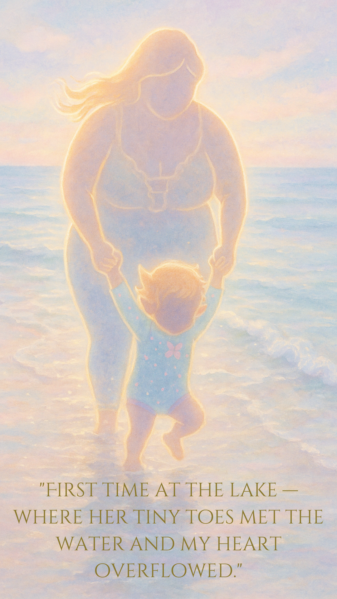 Faceless artwork of Holley holding her young daughter’s hands during her first time at the beach